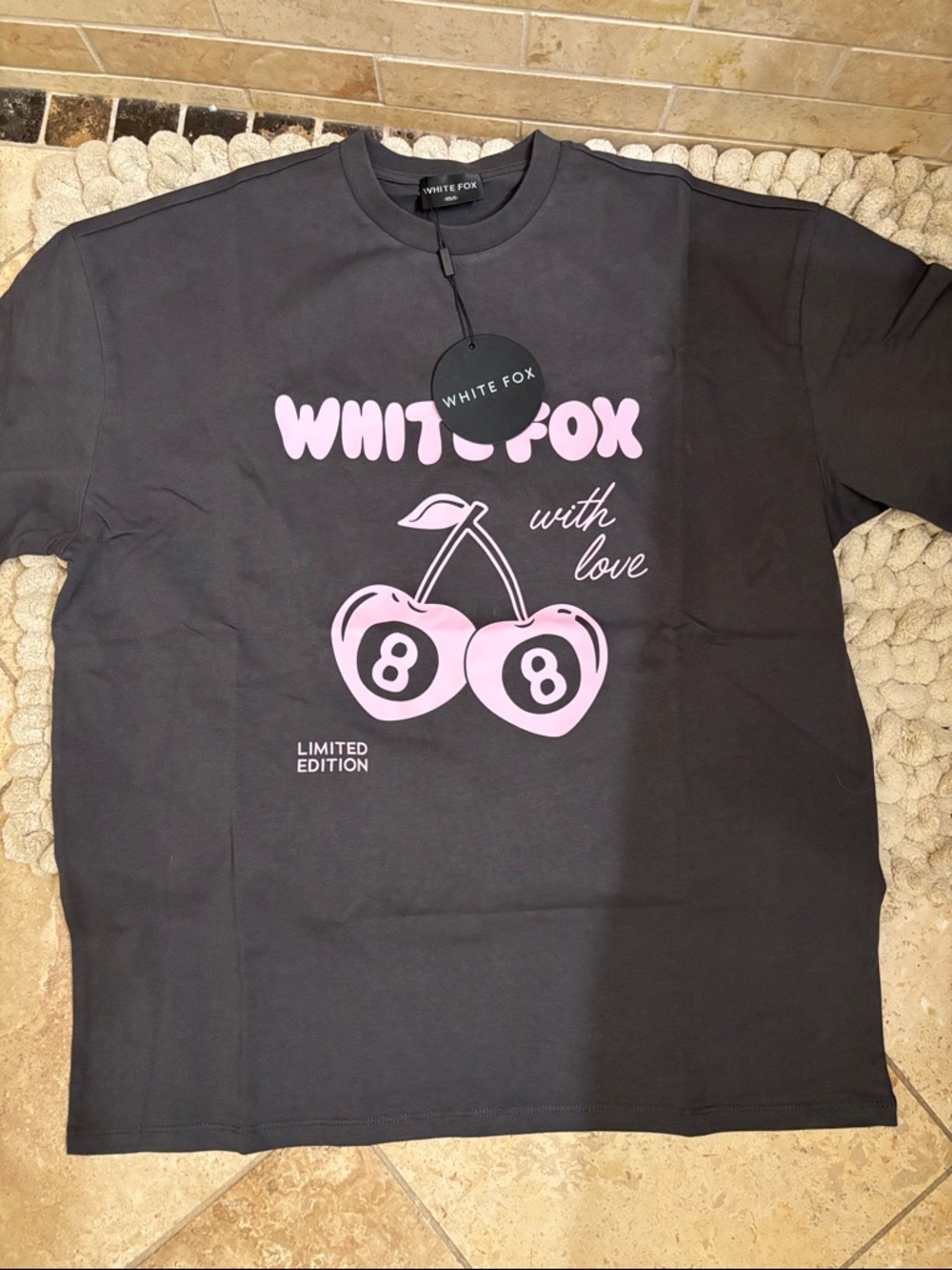 Oversize charcoal white fox Graphic Tee with Pink Cherry Print